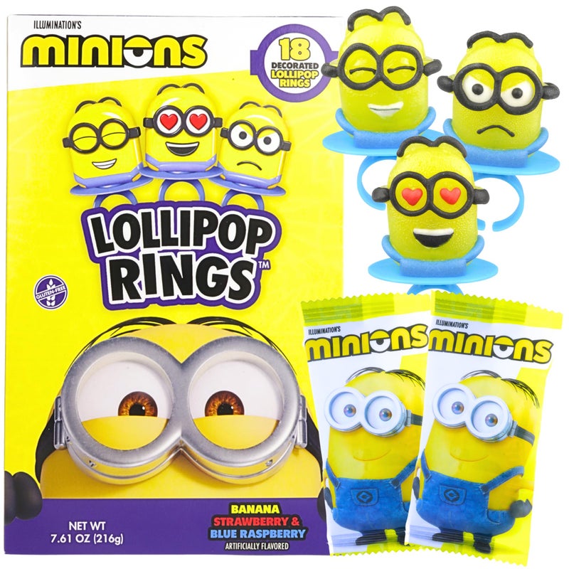 Imaginings 3 Minions Lollipop Rings Individually Wrapped Candy for Birthday Party Favors Assorted Flavors and Characters 18 Suckers - Image 3
