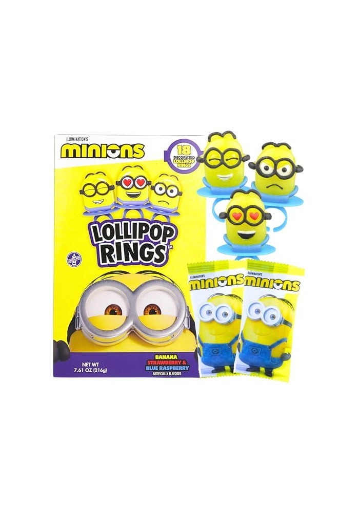 Imaginings 3 Minions Lollipop Rings Individually Wrapped Candy for Birthday Party Favors Assorted Flavors and Characters 18 Suckers - Image 1