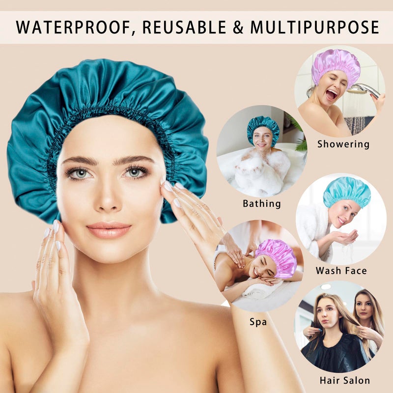 CHFONG Shower Caps for Women, 4 PCS Elastic and Reusable Bath Caps, Double Waterproof Layers Shower Cap, Bathing Shower Caps, Environmental Protection Hair Bath Hat - Solid Color - Image 2