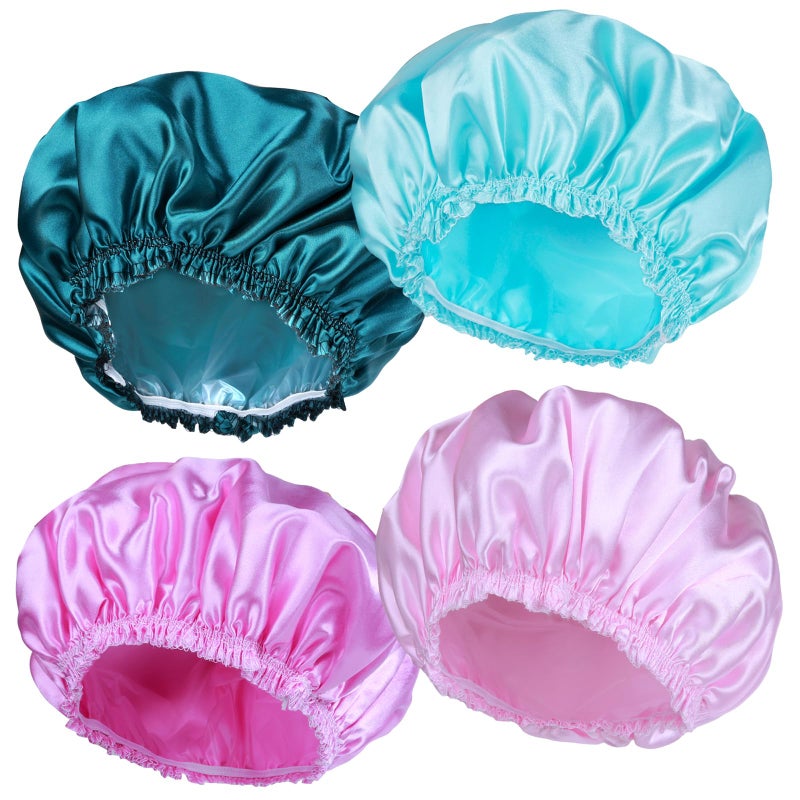 CHFONG Shower Caps for Women, 4 PCS Elastic and Reusable Bath Caps, Double Waterproof Layers Shower Cap, Bathing Shower Caps, Environmental Protection Hair Bath Hat - Solid Color - Image 1