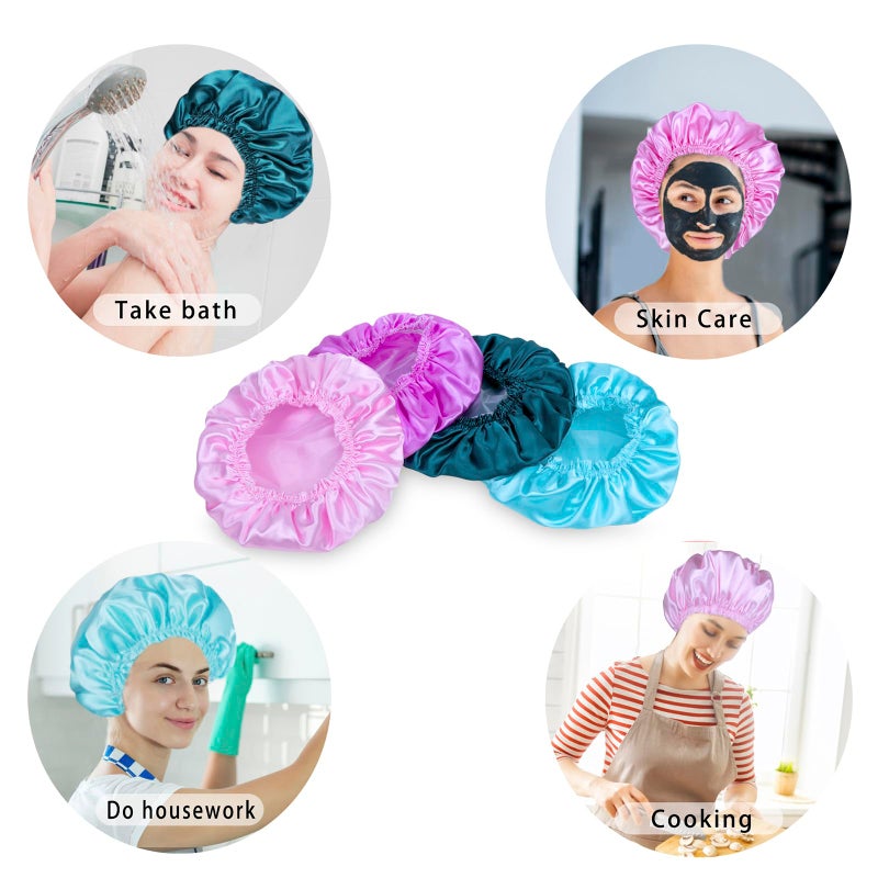 CHFONG Shower Caps for Women, 4 PCS Elastic and Reusable Bath Caps, Double Waterproof Layers Shower Cap, Bathing Shower Caps, Environmental Protection Hair Bath Hat - Solid Color - Image 5