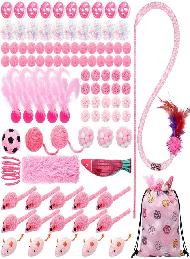 Leitee 101 Pcs Cat Interactive Toys Set with 1 Cat Paw Gift Storage Bags Feather Teaser Wand Springs Mice Fish Crinkle Balls Bell Balls Pillow, Puzzle Toys for Cats Gift Indoor (Pink) - Image 1
