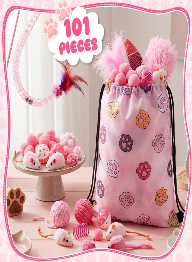 Leitee 101 Pcs Cat Interactive Toys Set with 1 Cat Paw Gift Storage Bags Feather Teaser Wand Springs Mice Fish Crinkle Balls Bell Balls Pillow, Puzzle Toys for Cats Gift Indoor (Pink) - Image 3