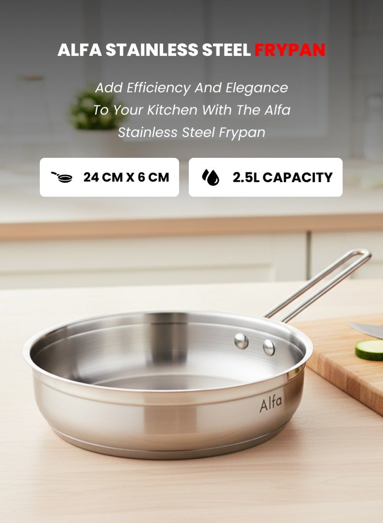 ALFA Stainless Steel Frypan 24 cm | 2.5 L Capacity | 18/10 Premium Steel | Induction & Gas Compatible | Frying Pan - Image 1
