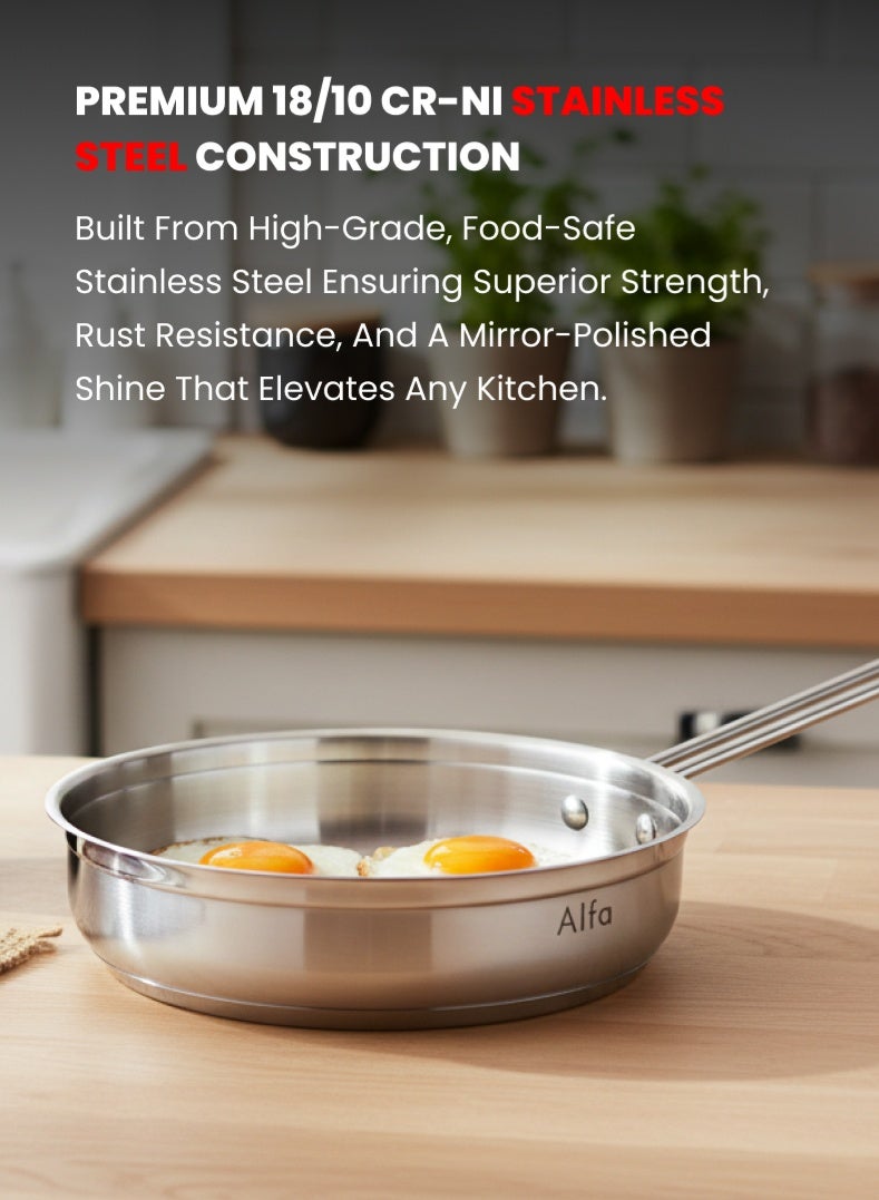 ALFA Stainless Steel Frypan 24 cm | 2.5 L Capacity | 18/10 Premium Steel | Induction & Gas Compatible | Frying Pan - Image 2