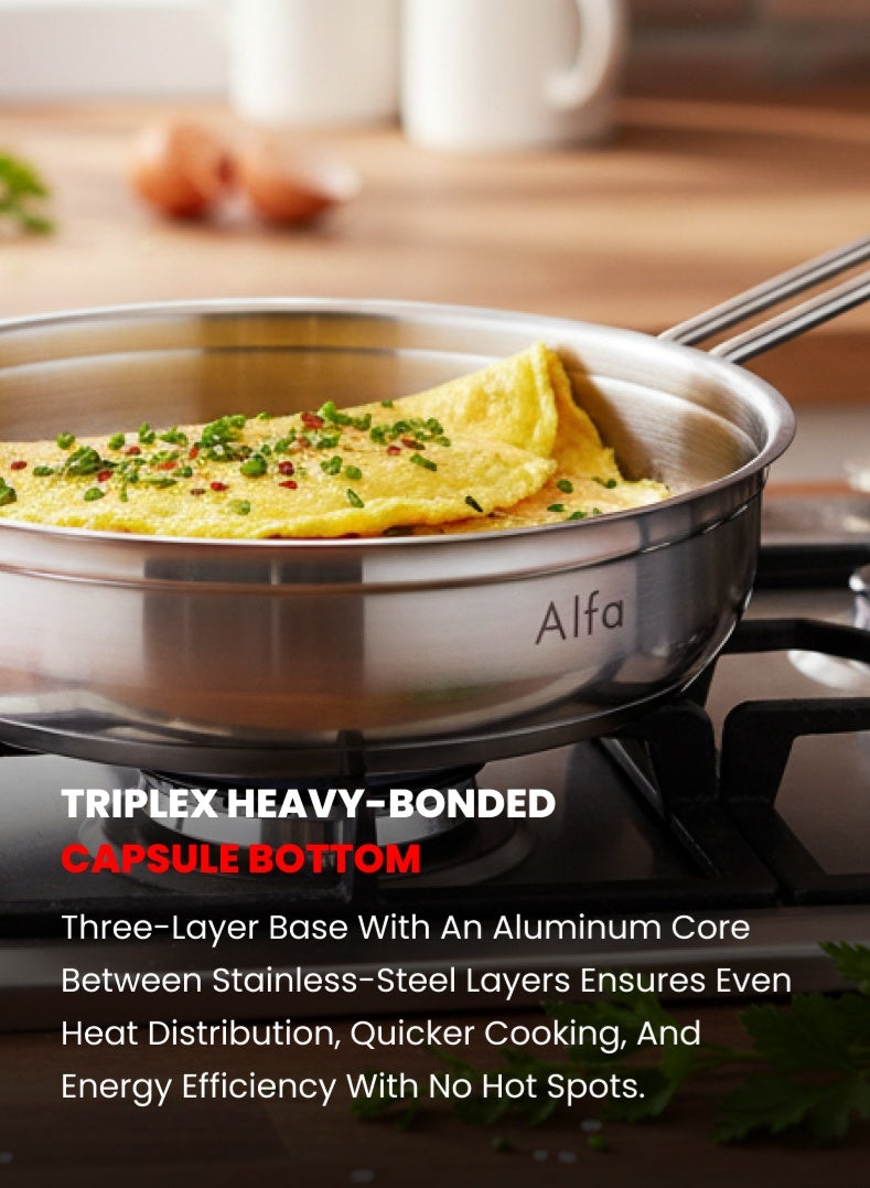 ALFA Stainless Steel Frypan 24 cm | 2.5 L Capacity | 18/10 Premium Steel | Induction & Gas Compatible | Frying Pan - Image 5