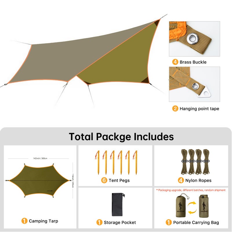 FREE SOLDIER Camping Tarp Waterproof Portable Multifunctional Outdoor Camping Traveling Awning Backpacking Shelter Rain Tarp (Greenish Brown 6 Loop 10Ã—12ft) - Image 2