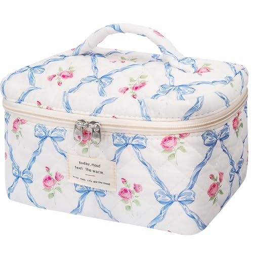 Gosect Large Makeup Bag Cute Cosmetic Bag for Women Girls Floral Coquette Aesthetic Toiletry Bag Travel Make Up Organizer Bag Blue Butterfly - Image 1