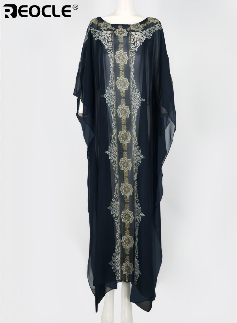 REOCLE Women's Elegant Maxi Dress with Floral Print Muslim Abaya Loose Fit Round Neck and Flared Sleeves Breathable Dress - Image 3