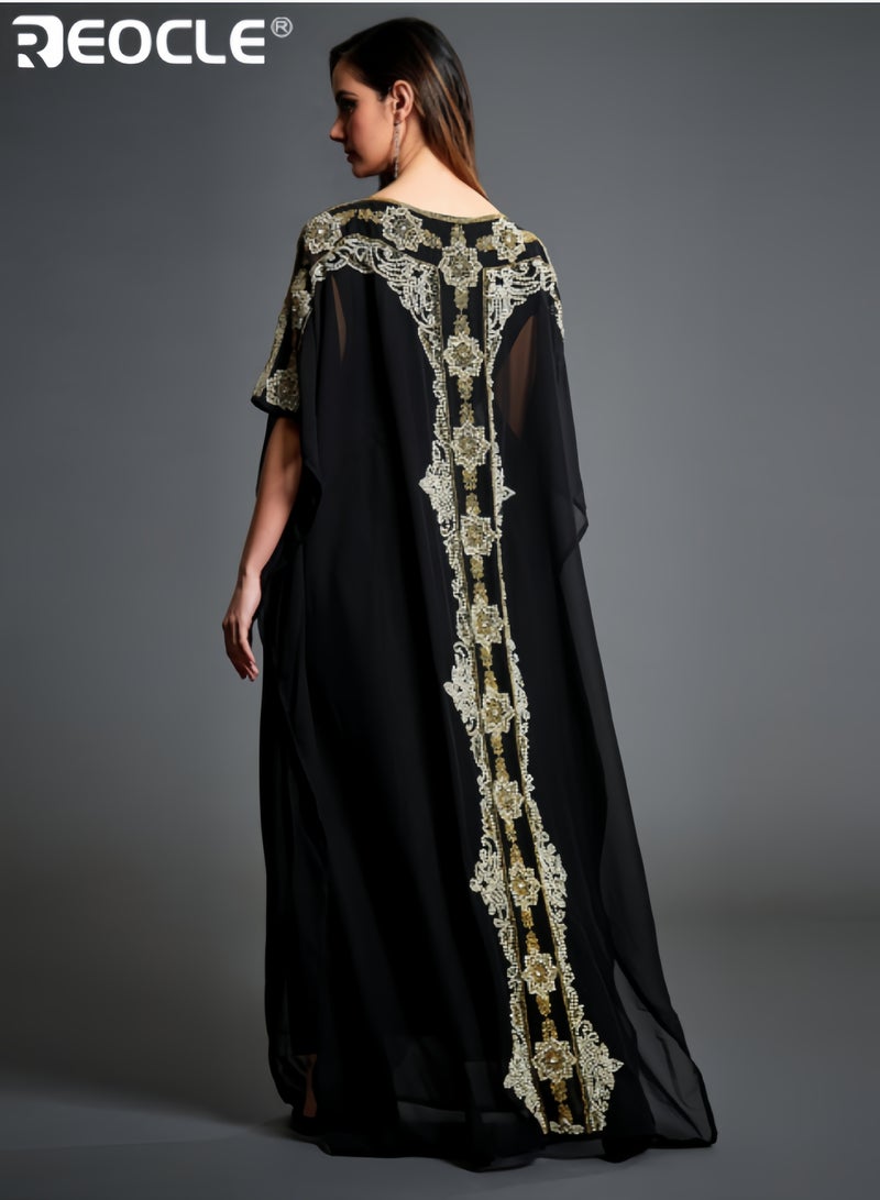 REOCLE Women's Elegant Maxi Dress with Floral Print Muslim Abaya Loose Fit Round Neck and Flared Sleeves Breathable Dress - Image 2