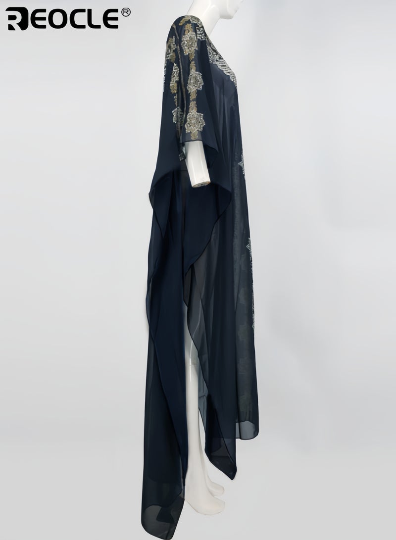 REOCLE Women's Elegant Maxi Dress with Floral Print Muslim Abaya Loose Fit Round Neck and Flared Sleeves Breathable Dress - Image 4