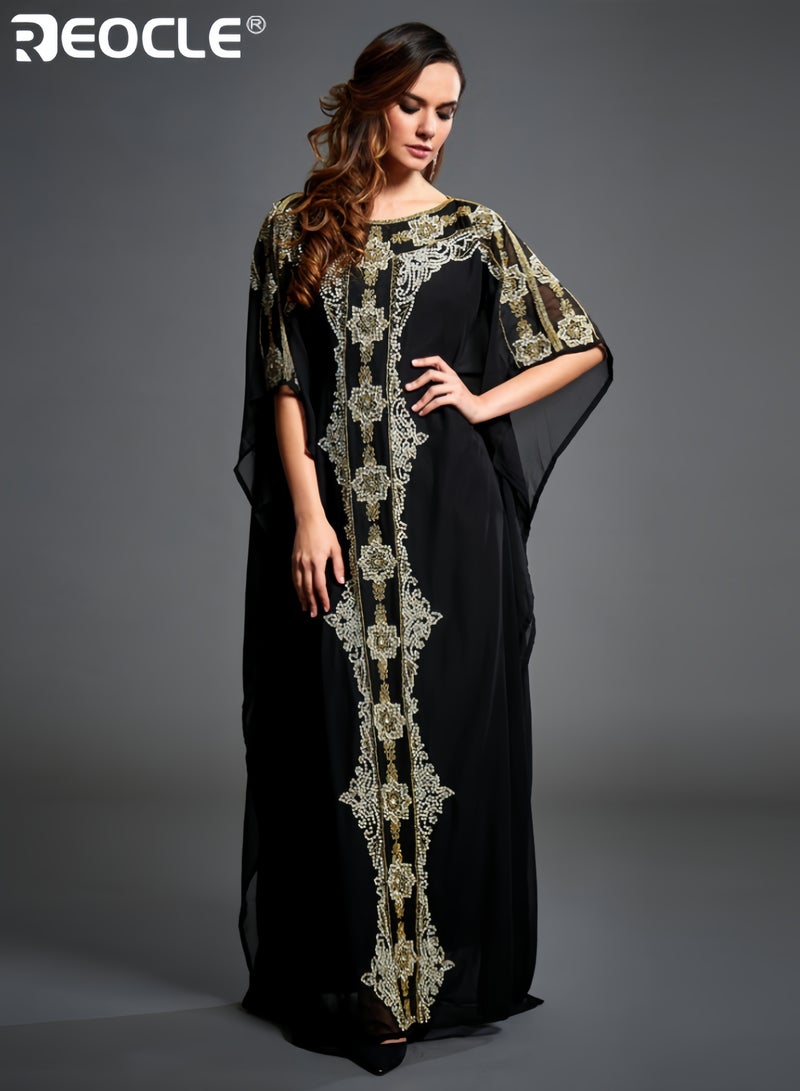 REOCLE Women's Elegant Maxi Dress with Floral Print Muslim Abaya Loose Fit Round Neck and Flared Sleeves Breathable Dress - Image 1