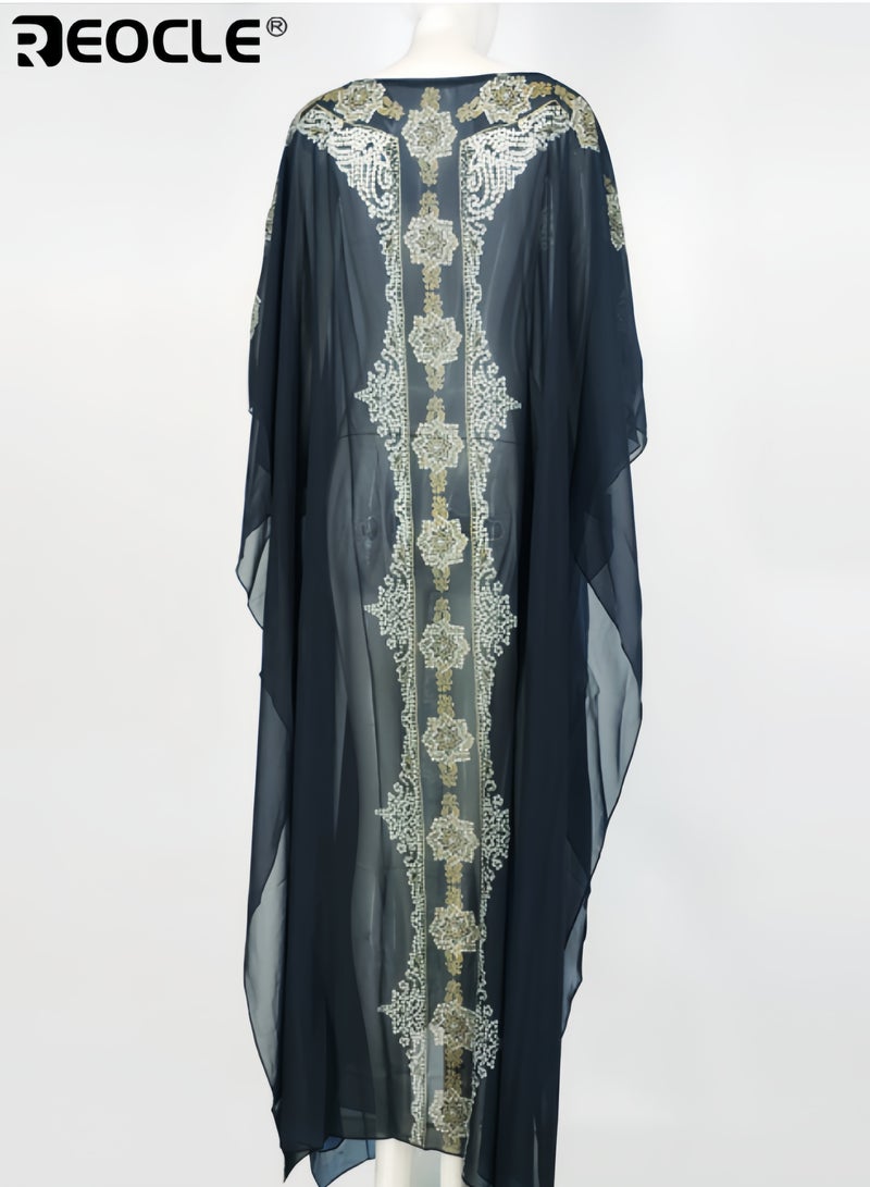 REOCLE Women's Elegant Maxi Dress with Floral Print Muslim Abaya Loose Fit Round Neck and Flared Sleeves Breathable Dress - Image 5