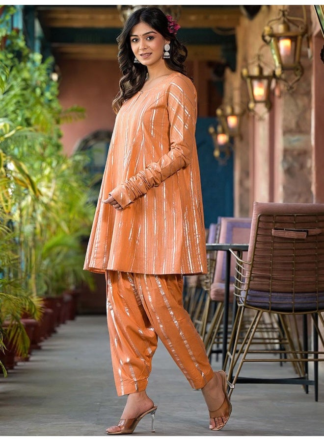 AKS AKS Couture Striped Keyhole Neck Panelled Pure Cotton Zari A-Line Kurti With Patiala  - Image 5