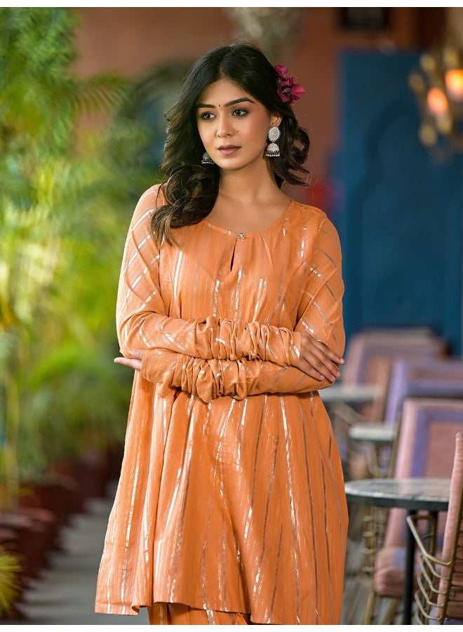 AKS AKS Couture Striped Keyhole Neck Panelled Pure Cotton Zari A-Line Kurti With Patiala  - Image 2