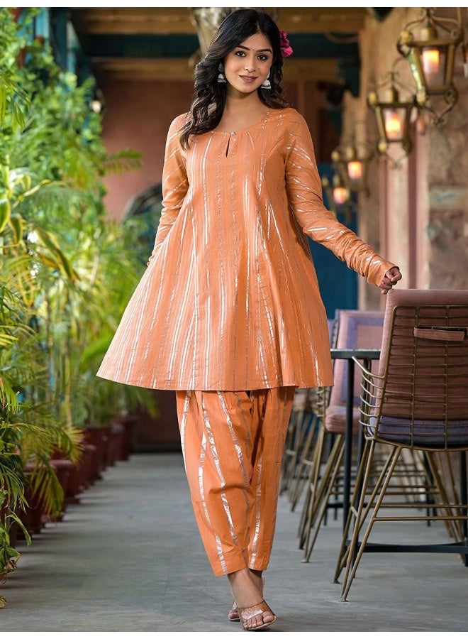 AKS AKS Couture Striped Keyhole Neck Panelled Pure Cotton Zari A-Line Kurti With Patiala  - Image 1