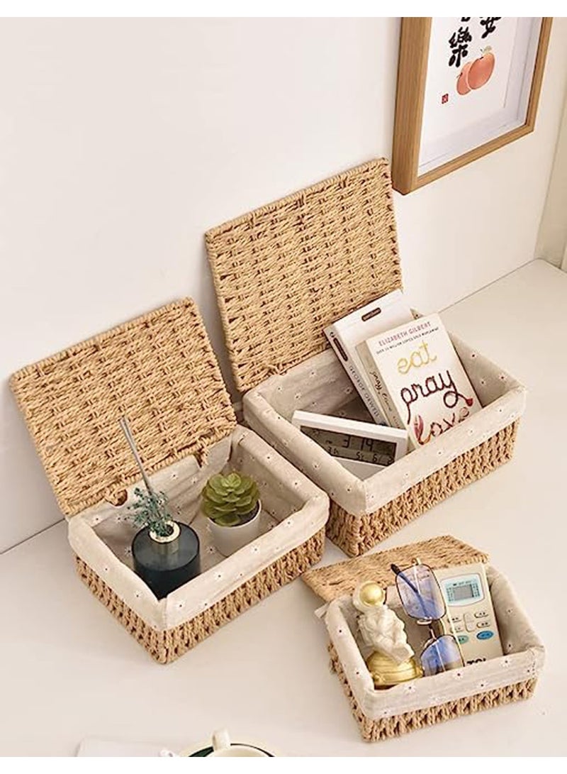 LINGWEI Wicker Baskets with Lids Liner Set of 3 Paper Rope Woven Decorative Nesting Storage Baskets Rectangular Container Bins Beige - Image 2