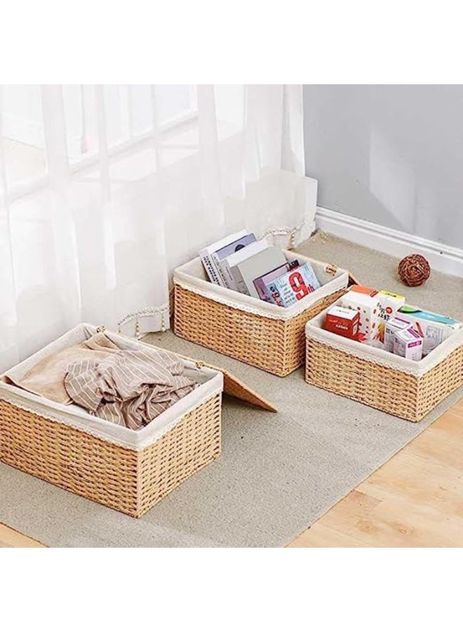 LINGWEI Wicker Baskets with Lids Liner Set of 3 Paper Rope Woven Decorative Nesting Storage Baskets Rectangular Container Bins Beige - Image 5