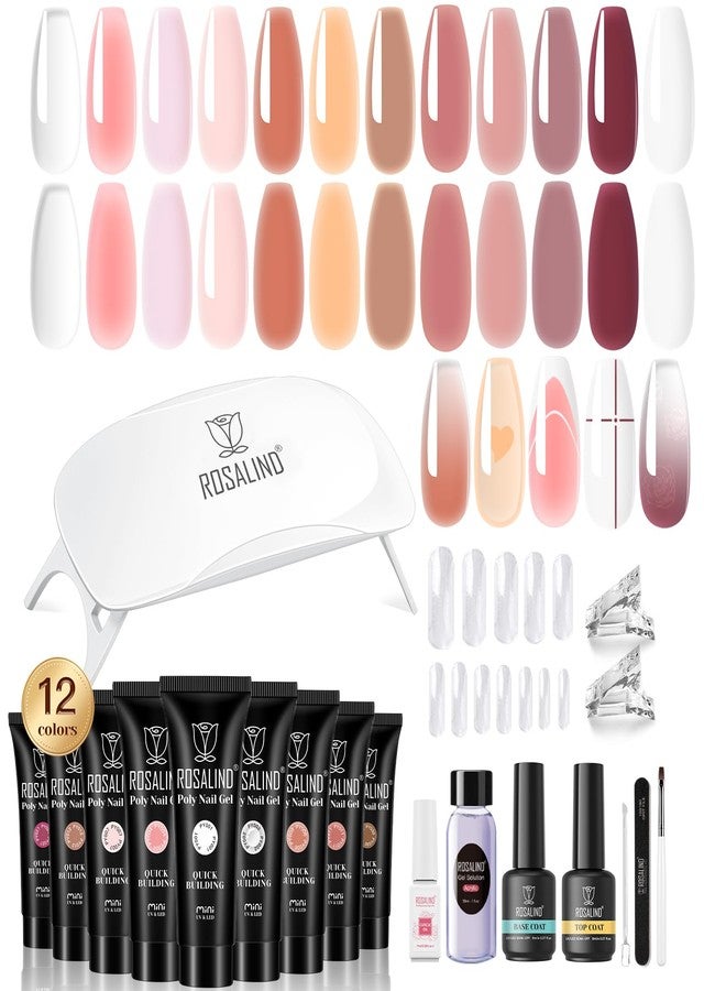 ROSALIND Pink Poly Nail Gel Kit -12 Colors + Nail Art Accessories Kit Nude Shades Poly Nails Gel Starter Kit with Slip Solution All Seasons Classic Colors Nails Extensions Set with Mini UV Lamp - Image 1