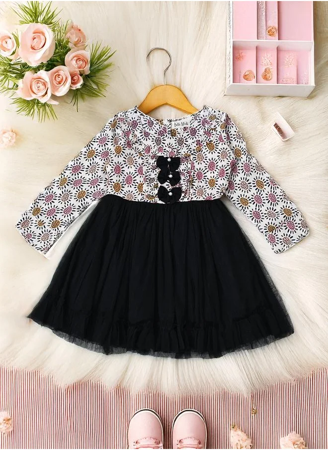 بيلا مودا Bella Moda All-Over Print Long Sleeve Cotton Dress with Ruffle Trim