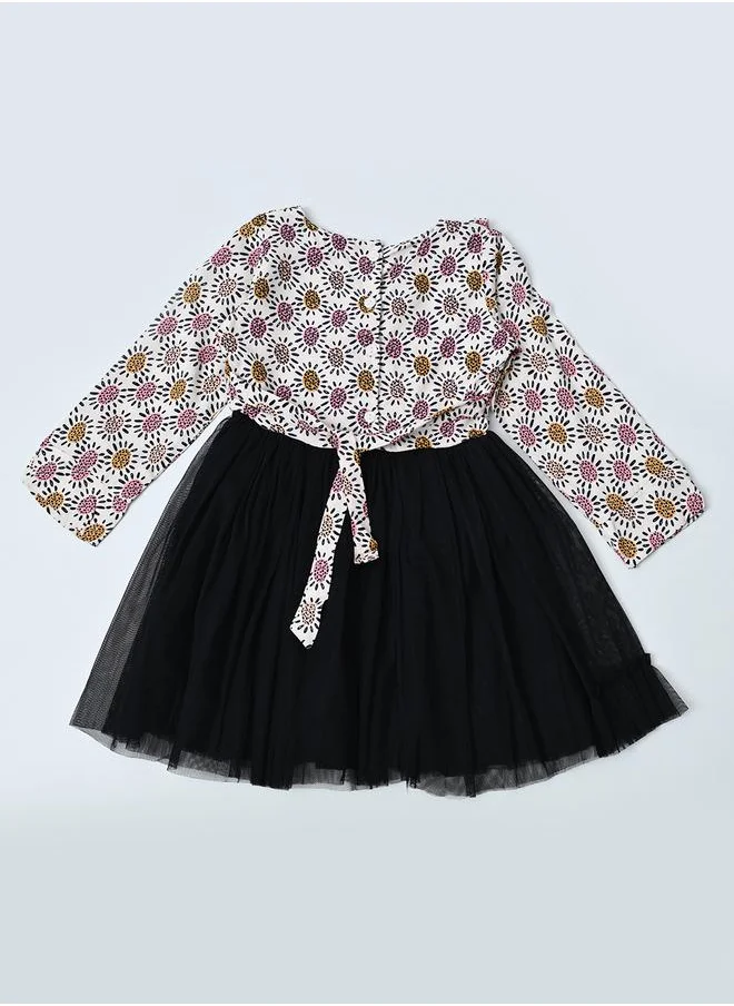 بيلا مودا Bella Moda All-Over Print Long Sleeve Cotton Dress with Ruffle Trim