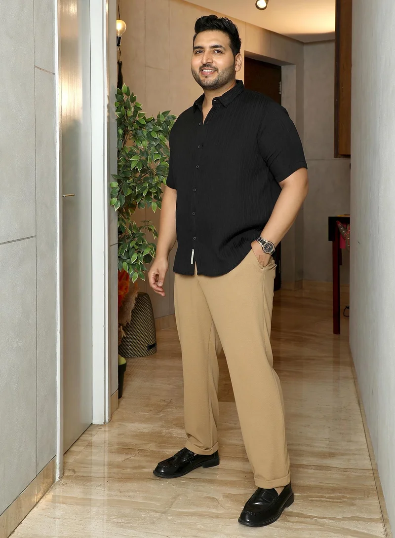 Instafab Plus Instafab Plus Men's Onyx Black Self-Design Striped Shirt | Spread Collar , Short Regular Sleeves , Button Closure , Curved Hemline | Solid Textured Polyester Blend Material For Street & Casual Wear