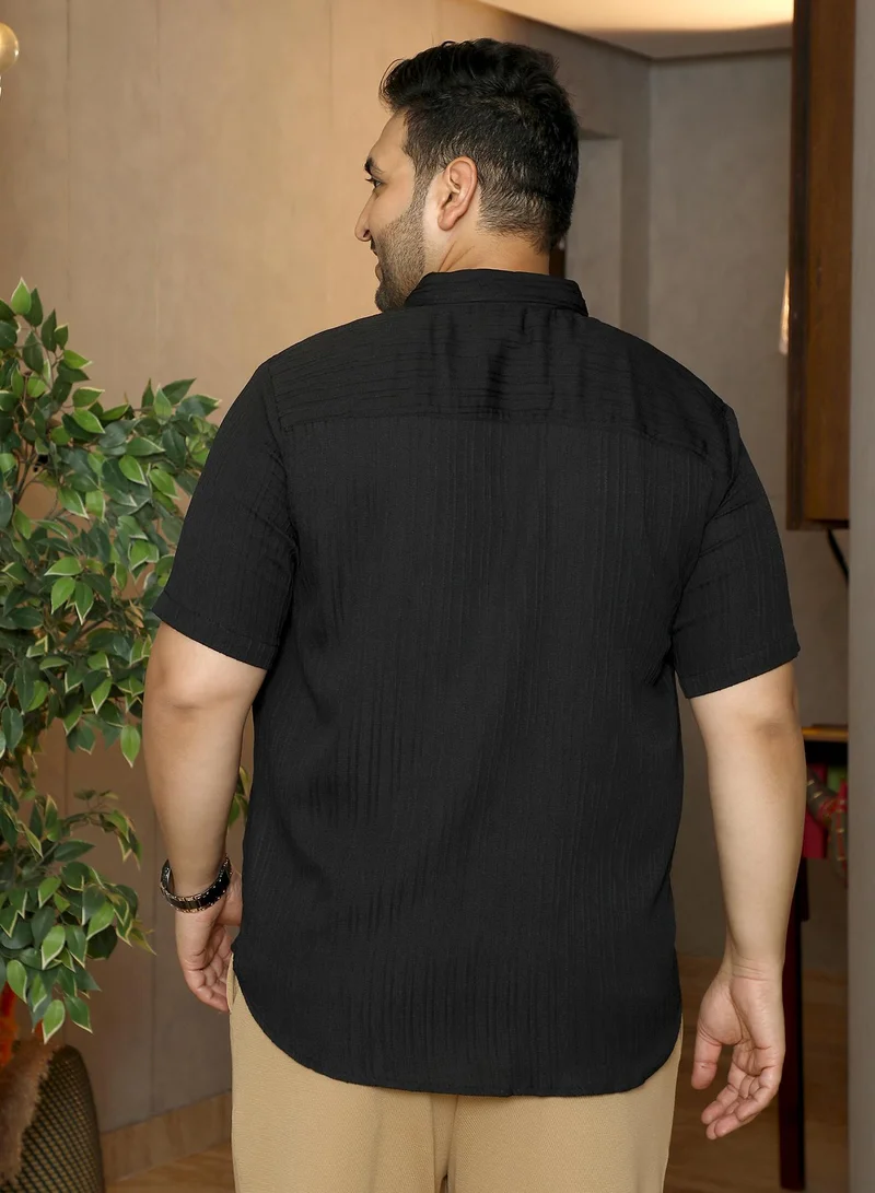 Instafab Plus Instafab Plus Men's Onyx Black Self-Design Striped Shirt | Spread Collar , Short Regular Sleeves , Button Closure , Curved Hemline | Solid Textured Polyester Blend Material For Street & Casual Wear