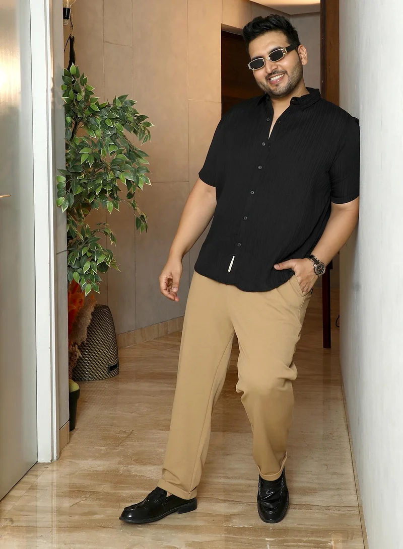 Instafab Plus Instafab Plus Men's Onyx Black Self-Design Striped Shirt | Spread Collar , Short Regular Sleeves , Button Closure , Curved Hemline | Solid Textured Polyester Blend Material For Street & Casual Wear
