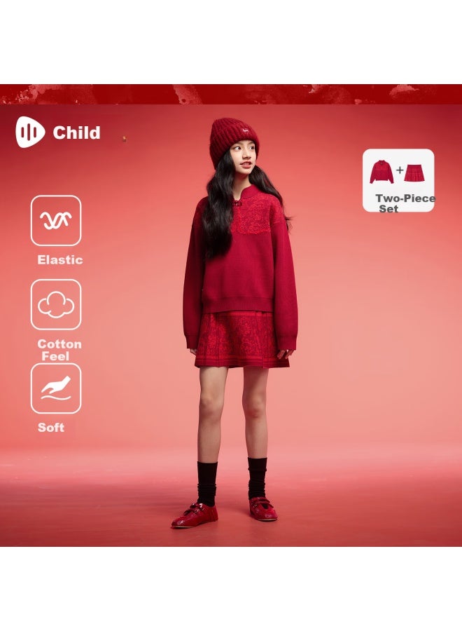 Souhait Girls' Knitwear Set Spring Children's Sweater And Skirt New Year Outfit Classic Red Size 110 - Image 2
