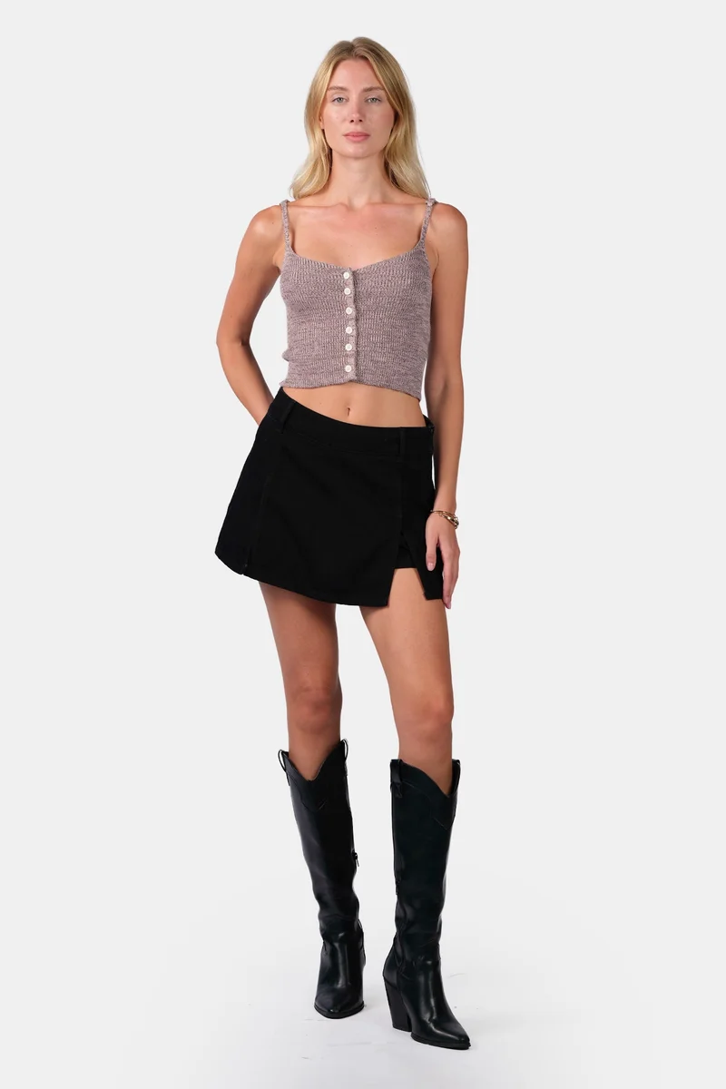 Virgio Self Design Viscose Melange Strappy Crop Knit Cami for Women