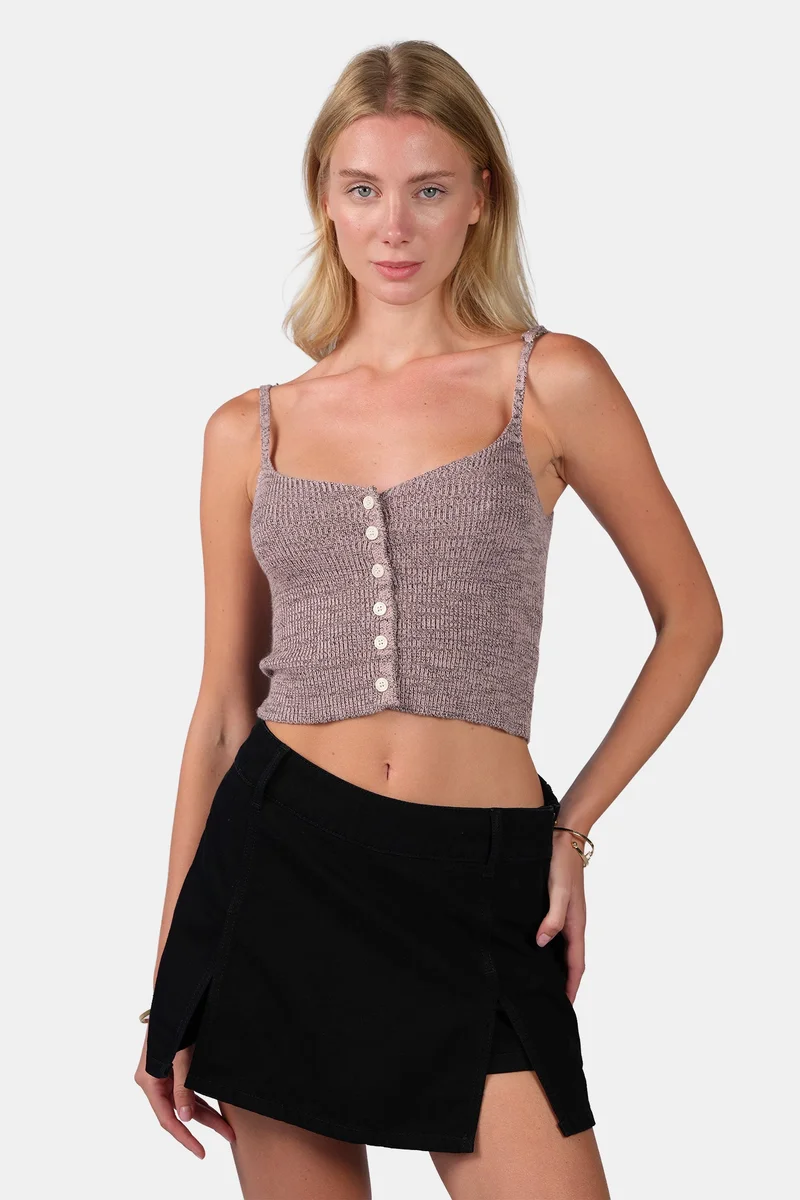 Virgio Self Design Viscose Melange Strappy Crop Knit Cami for Women