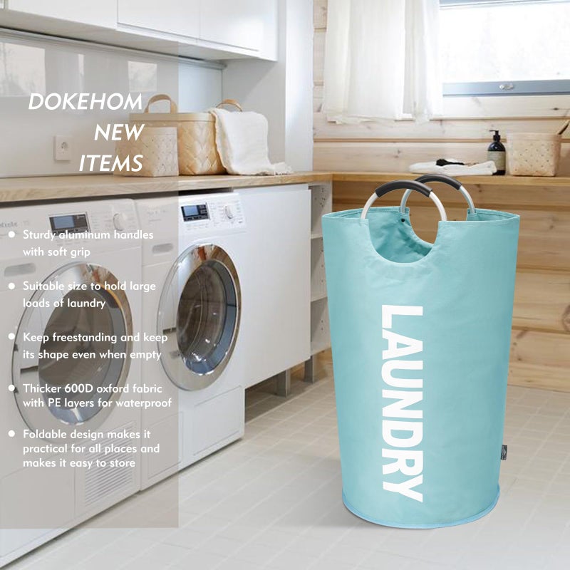 DOKEHOM 90L Large Laundry Basket, Collapsible Laundry Bag, Freestanding Tall Clothes Hamper, Foldable Washing Bin (Light Blue) - Image 2