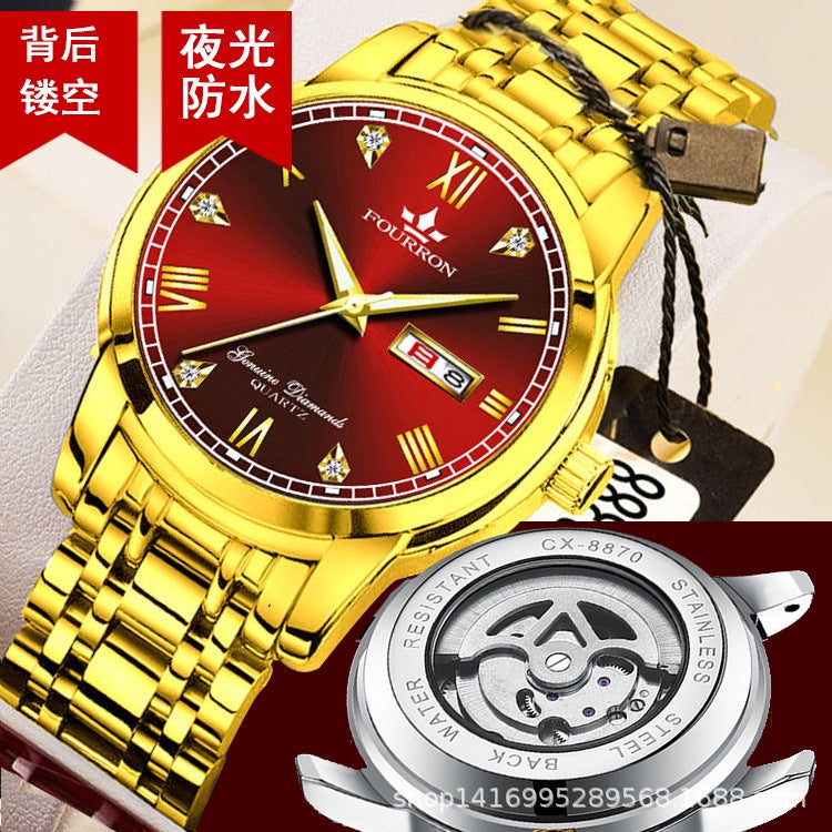 Double Calendar Luminous Waterproof Business Leisure Fashion Foreign Trade TikTok Hollow Through Bottom Mens Watch Quartz Hair Red face all gold