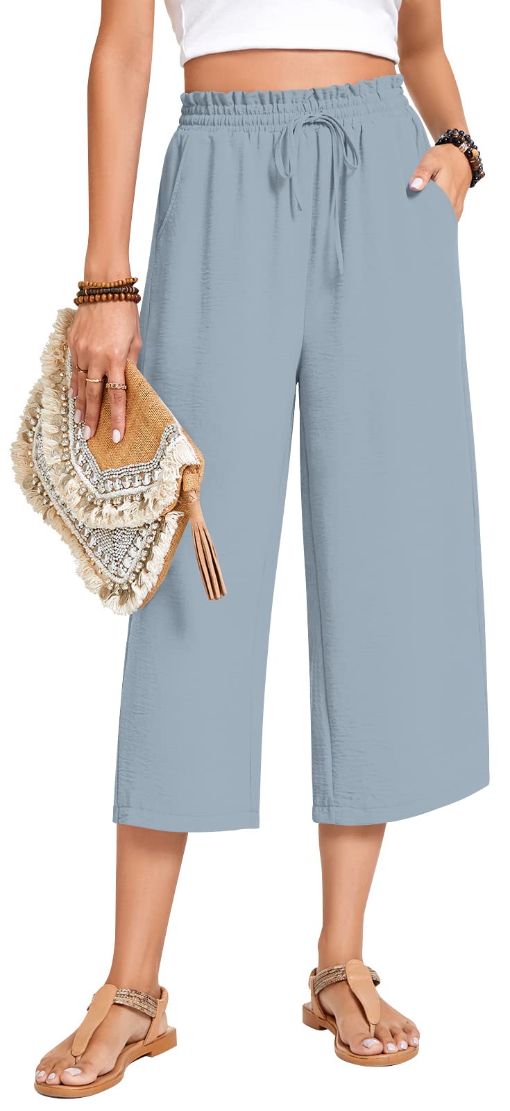 Anyhold Womens Plus Size Capri Pants Loose High Waisted Wide Leg Lounge Pants Drawstring Casual Palazzo Trousers with Pockets 2X-Large, Denim Blue - Image 2