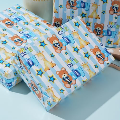 ZINTBIAL Baby Shower Wrapping Paper Roll - Blue Animal Heart Theme Newborn Gift Wrap Paper for Boy Baby Shower, Children's Christening, Birthday, New Mommy - 17.5 in x 16.5 ft，Cut Lines on Back - Image 2
