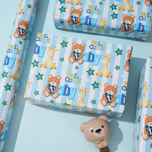 ZINTBIAL Baby Shower Wrapping Paper Roll - Blue Animal Heart Theme Newborn Gift Wrap Paper for Boy Baby Shower, Children's Christening, Birthday, New Mommy - 17.5 in x 16.5 ft，Cut Lines on Back - Image 4