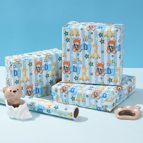 ZINTBIAL Baby Shower Wrapping Paper Roll - Blue Animal Heart Theme Newborn Gift Wrap Paper for Boy Baby Shower, Children's Christening, Birthday, New Mommy - 17.5 in x 16.5 ft，Cut Lines on Back - Image 3