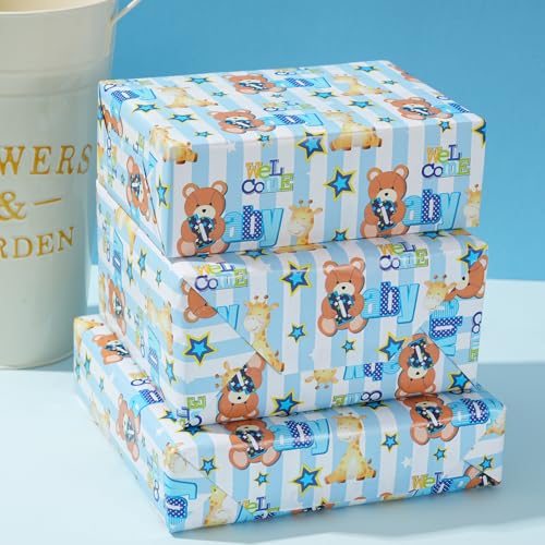 ZINTBIAL Baby Shower Wrapping Paper Roll - Blue Animal Heart Theme Newborn Gift Wrap Paper for Boy Baby Shower, Children's Christening, Birthday, New Mommy - 17.5 in x 16.5 ft，Cut Lines on Back - Image 5