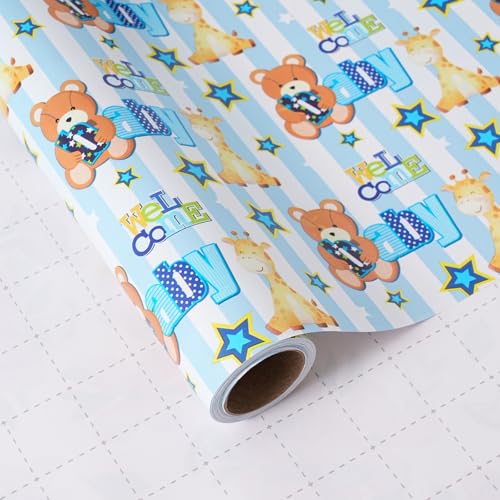ZINTBIAL Baby Shower Wrapping Paper Roll - Blue Animal Heart Theme Newborn Gift Wrap Paper for Boy Baby Shower, Children's Christening, Birthday, New Mommy - 17.5 in x 16.5 ft，Cut Lines on Back - Image 1