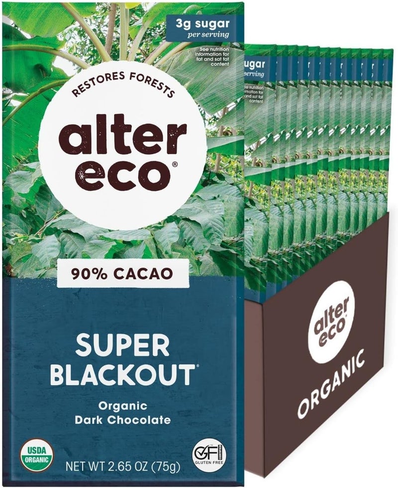 alter eco ألتر إيكو سوبر بلاك آوت بارز الشوكولاتة الداكنة العضوية - 90% كاكاو، تجارة عادلة، خالي من الجلوتين (12 عبوة) - Image 1