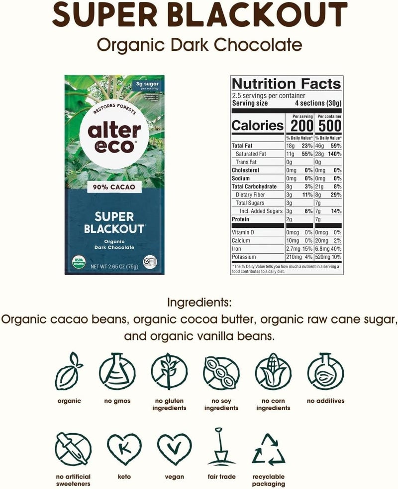 alter eco ألتر إيكو سوبر بلاك آوت بارز الشوكولاتة الداكنة العضوية - 90% كاكاو، تجارة عادلة، خالي من الجلوتين (12 عبوة) - Image 2