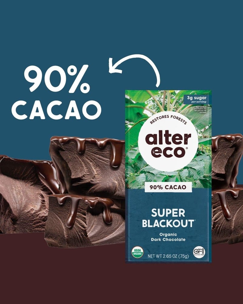 alter eco ألتر إيكو سوبر بلاك آوت بارز الشوكولاتة الداكنة العضوية - 90% كاكاو، تجارة عادلة، خالي من الجلوتين (12 عبوة) - Image 3