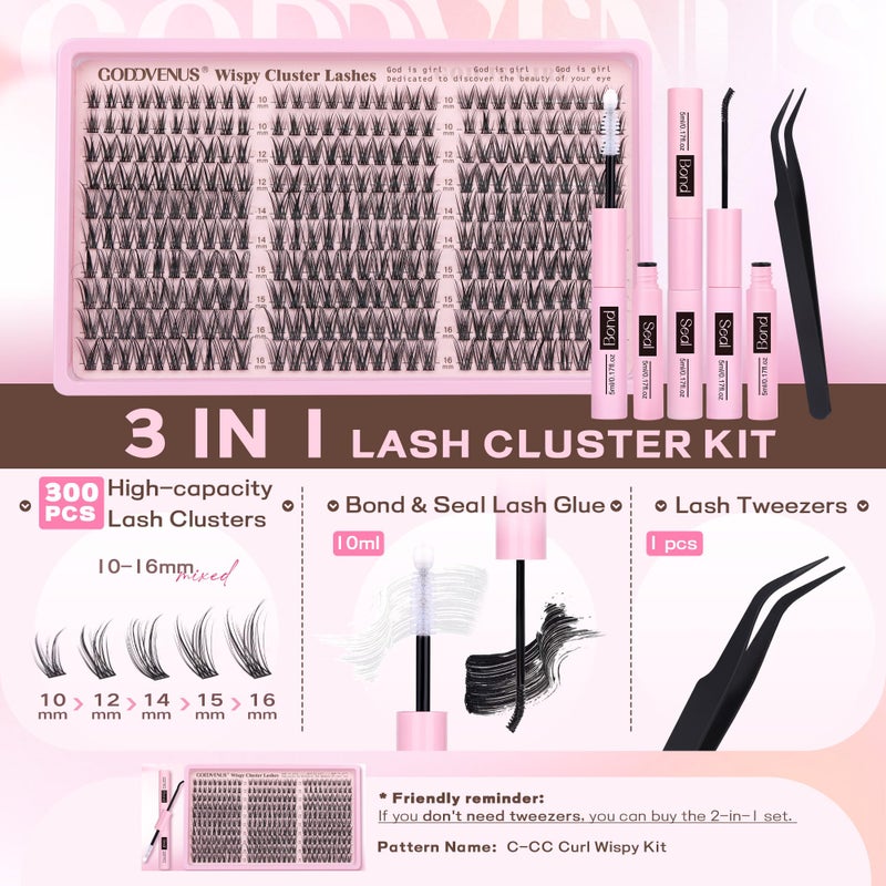Goddvenus Lash Clusters Kit Wispy Eyelash Clusters Lashes Natural DIY Lash Extension Kit 10-16mm Cluster Eyelash Extensions Kit 300pcs C Curl Individual Lashes Cluster Eyelash (With Tweezers) - Image 5