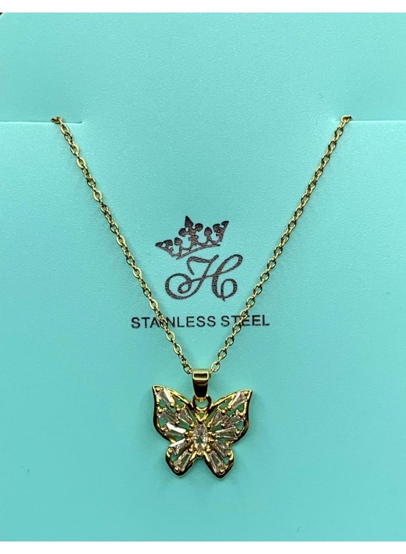 Influence Germany Butterfly Crystal Pendant Necklace – Gold-Tone Stainless Steel - Image 1