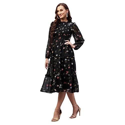 Rare Women Casual Black Colour Midi Fit and Flare Floral Dress, Small - Image 2