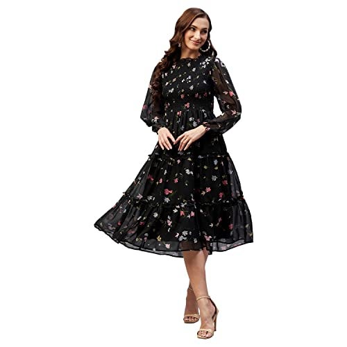 Rare Women Casual Black Colour Midi Fit and Flare Floral Dress, Small - Image 1
