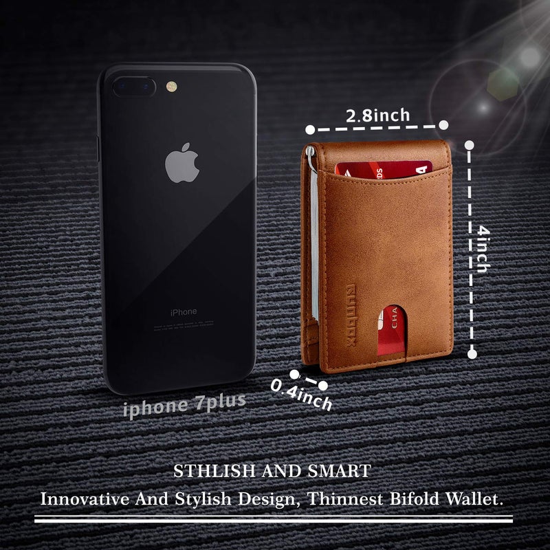 RUNBOX Slim Wallet for Men Genuine Leather RFID Blocking Bifold Minimalist Front Pocket Mens Wallet with Money Clip Thin Gift Box - Image 3