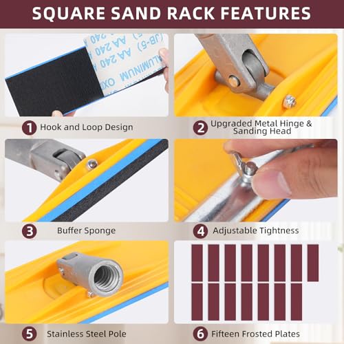 HOOMESUN Pole Sander For Drywall Adjustable Extension - Manual Hand Sanding Pole, Wall Sander for Painting Prep, Complete with 15pcs Sanding Sheets, 12-55inch (3 Pieces Each of 60, 80, 180, 240, 320 Grit) - Image 3