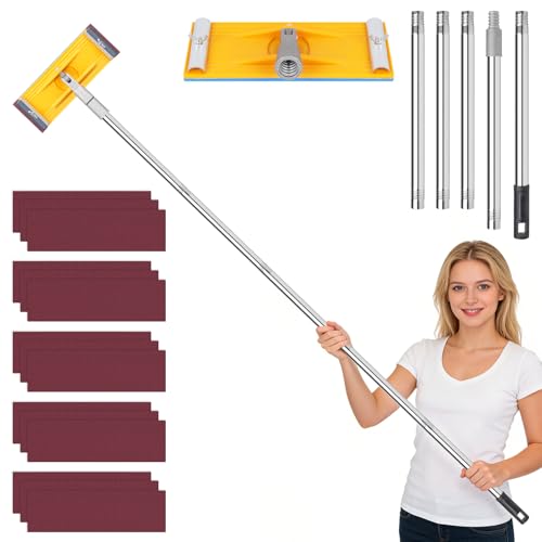 HOOMESUN Pole Sander For Drywall Adjustable Extension - Manual Hand Sanding Pole, Wall Sander for Painting Prep, Complete with 15pcs Sanding Sheets, 12-55inch (3 Pieces Each of 60, 80, 180, 240, 320 Grit) - Image 1