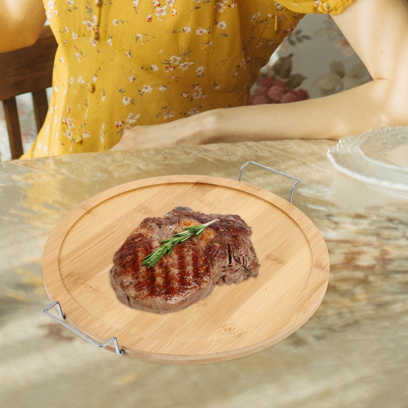 Wood Tray with Double Handle for Kitchen Counter - Round for Pizza, Steak, Cake, and Snacks - Image 5